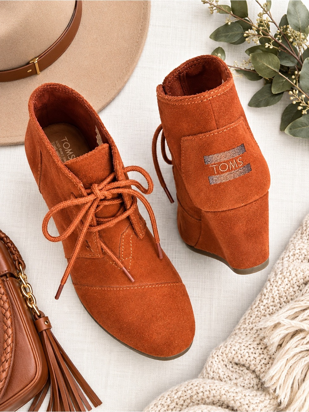 TOMS Rust Suede Lace-Up Wedge Ankle Boots – Size 8M
